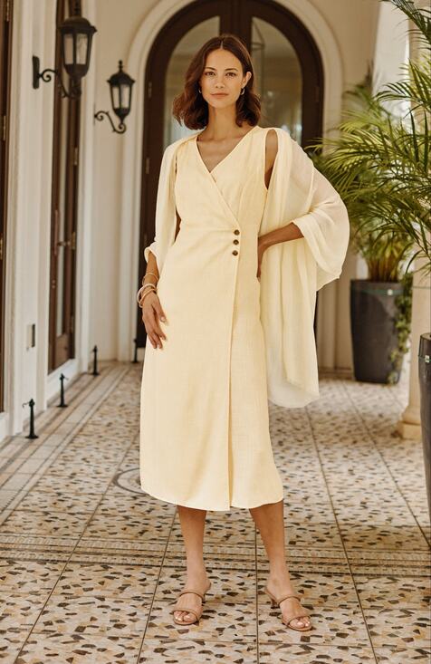 J.Jill Dresses & Skirts - NEW J.Jill Button Wrap Dress Yellow Midi Sleeveless V Neck Linen Blend Size L